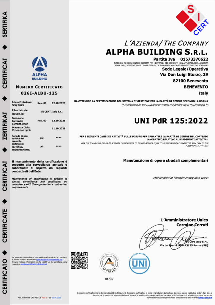 Certificato UNI/PdR 125:2022 – Alpha Building